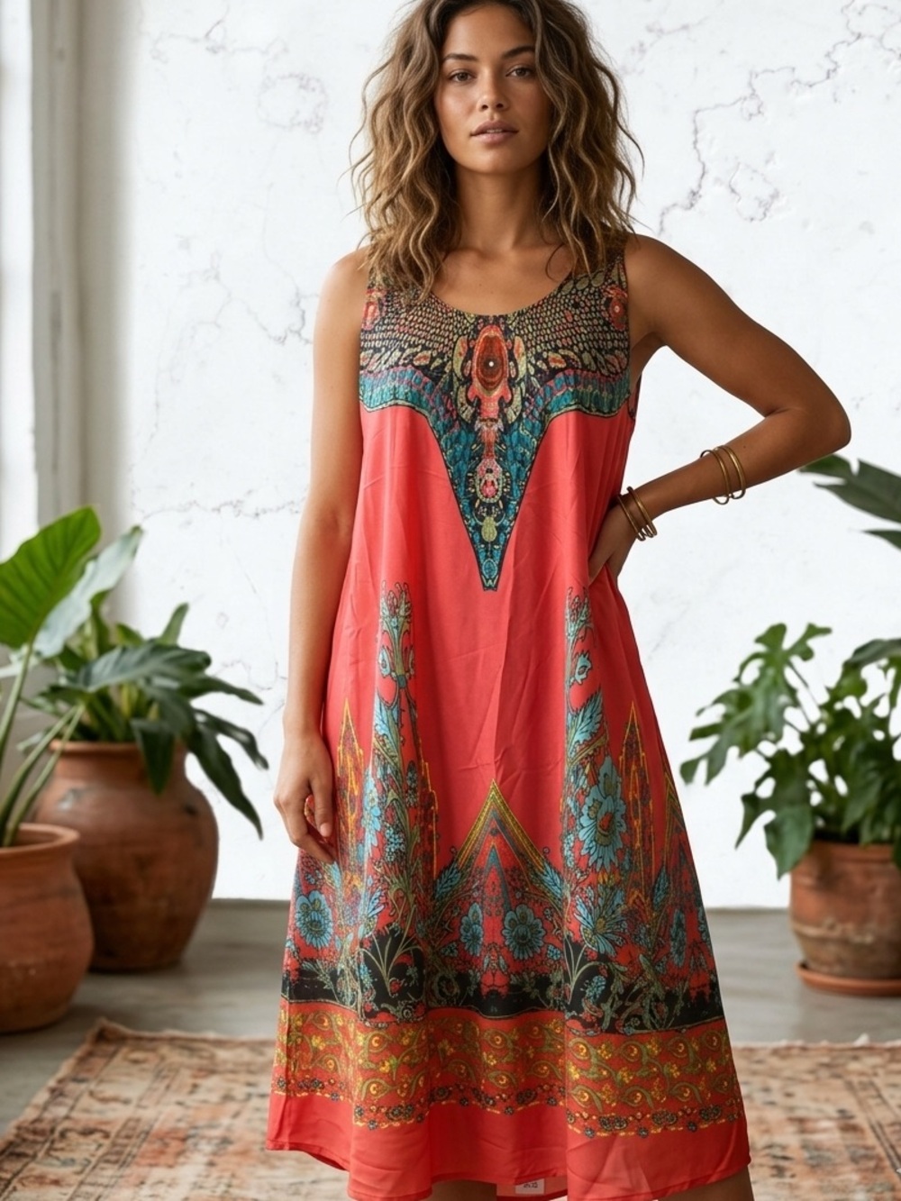 Lapogee Sleeveless Shift Dress Boho Chic Embellished Border Print L